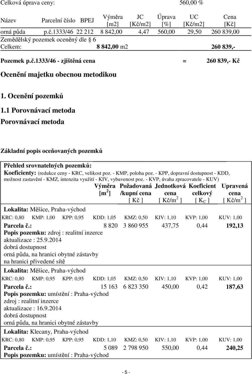 1 Porovnávací metoda Porovnávací metoda Základní popis oceňovaných pozemků Přehled srovnatelných pozemků: Koeficienty: (redukce ceny - KRC, velikost poz. - KMP, poloha poz.