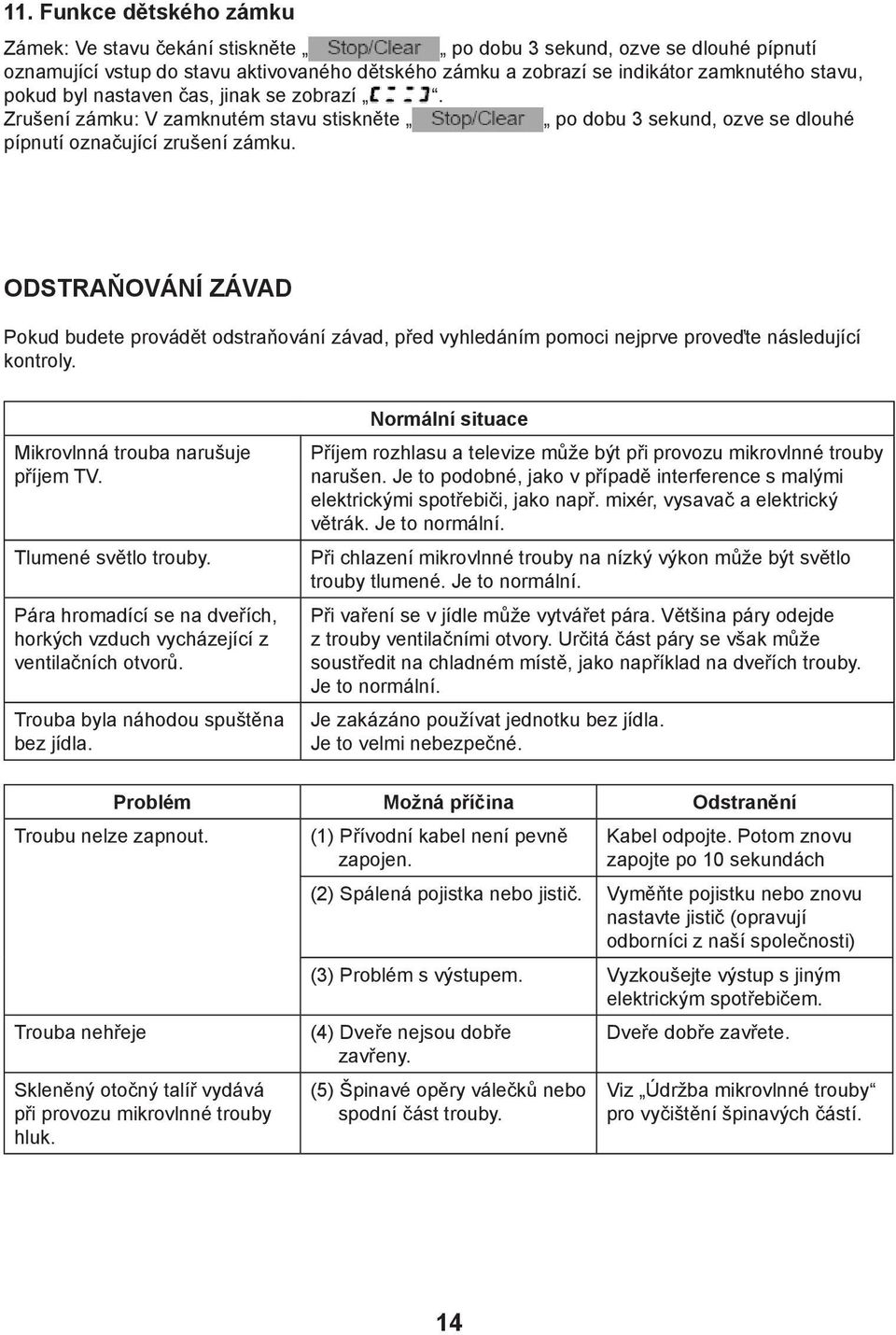 ODSTRAŇOVÁNÍ ZÁVAD Pokud budete provádět odstraňování závad, před vyhledáním pomoci nejprve proveďte následující kontroly. Mikrovlnná trouba narušuje příjem TV. Tlumené světlo trouby.