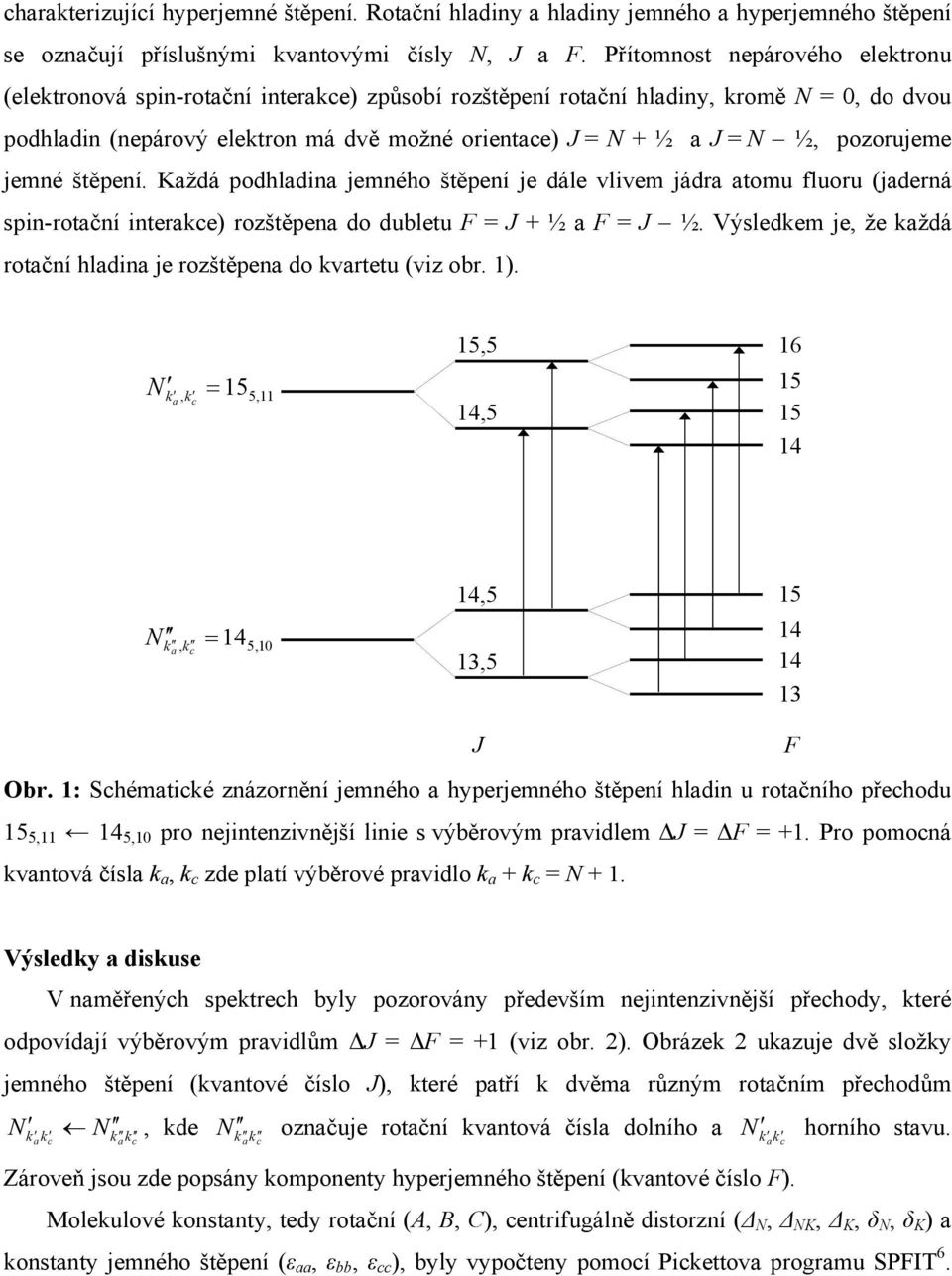 pozorujeme jemné štěpení. Každá podhladina jemného štěpení je dále vlivem jádra atomu fluoru (jaderná spin-rotační interakce) rozštěpena do dubletu F = J + ½ a F = J ½.