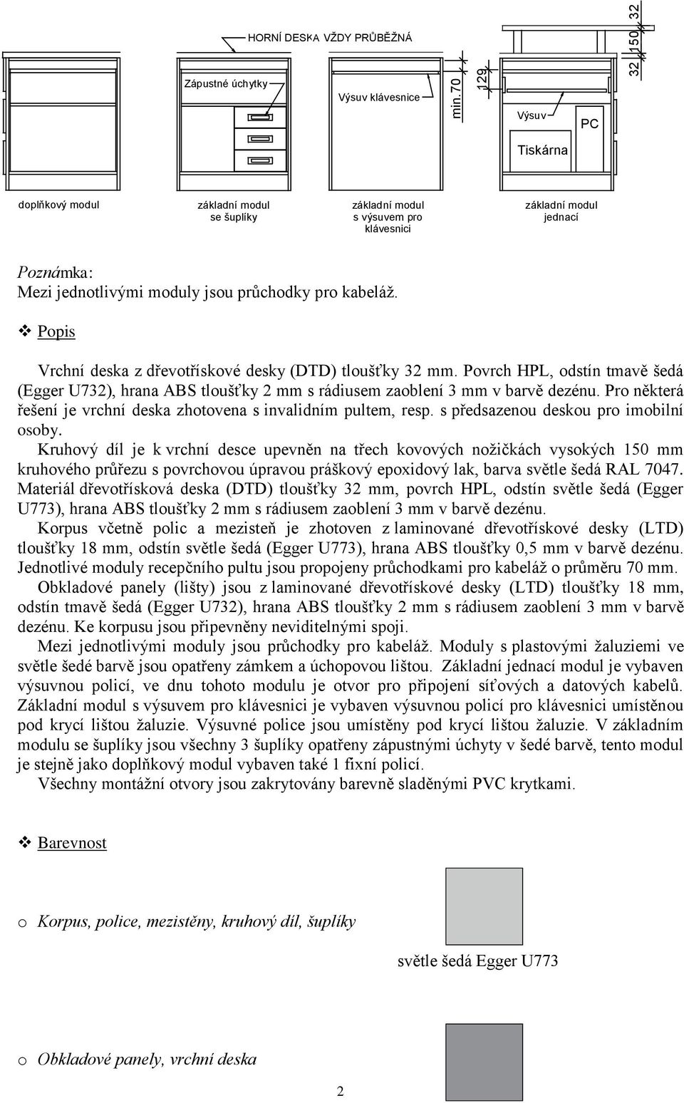 základní modul jednací Popis Vrchní deska z dřevotřískové desky (DTD) tloušťky 32 mm. Povrch HPL, odstín tmavě šedá (Egger U732), hrana ABS tloušťky 2 mm s rádiusem zaoblení 3 mm v barvě dezénu.