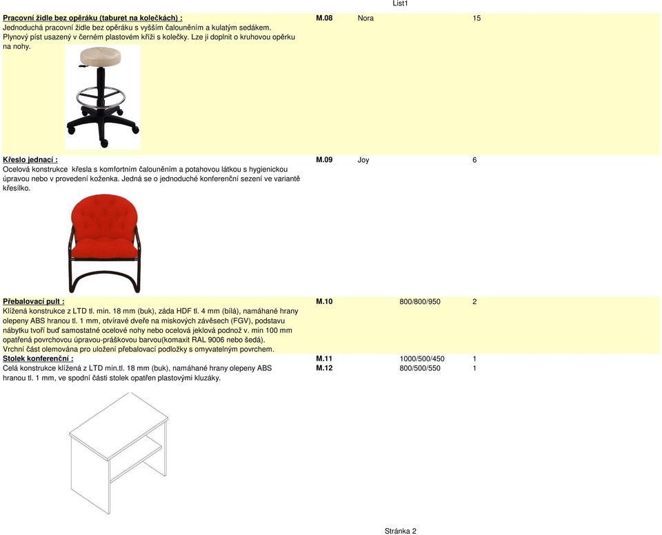 Jedná se o jednoduché konferenční sezení ve variantě křesílko. Přebalovací pult : M.10 800/800/950 2 Klížená konstrukce z LTD tl. min. 18 mm (buk), záda HDF tl.