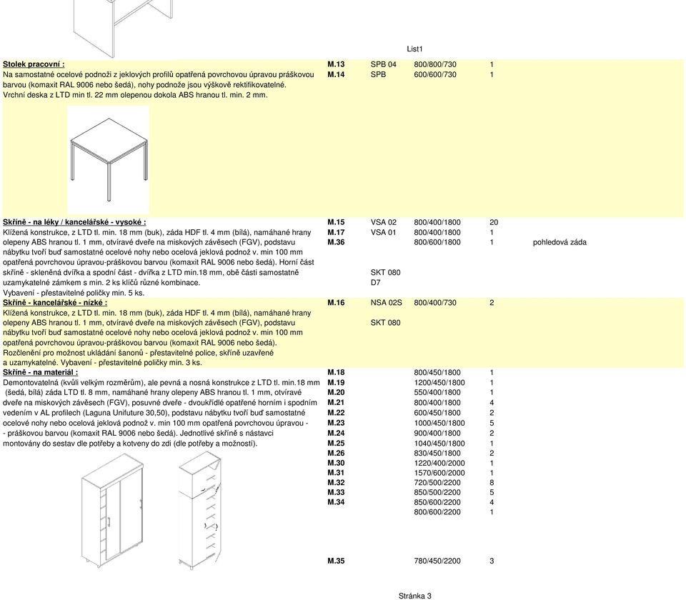 List1 Skříně - na léky / kancelářské - vysoké : M.15 VSA 02 800/400/1800 20 Klížená konstrukce, z LTD tl. min. 18 mm (buk), záda HDF tl. 4 mm (bílá), namáhané hrany M.