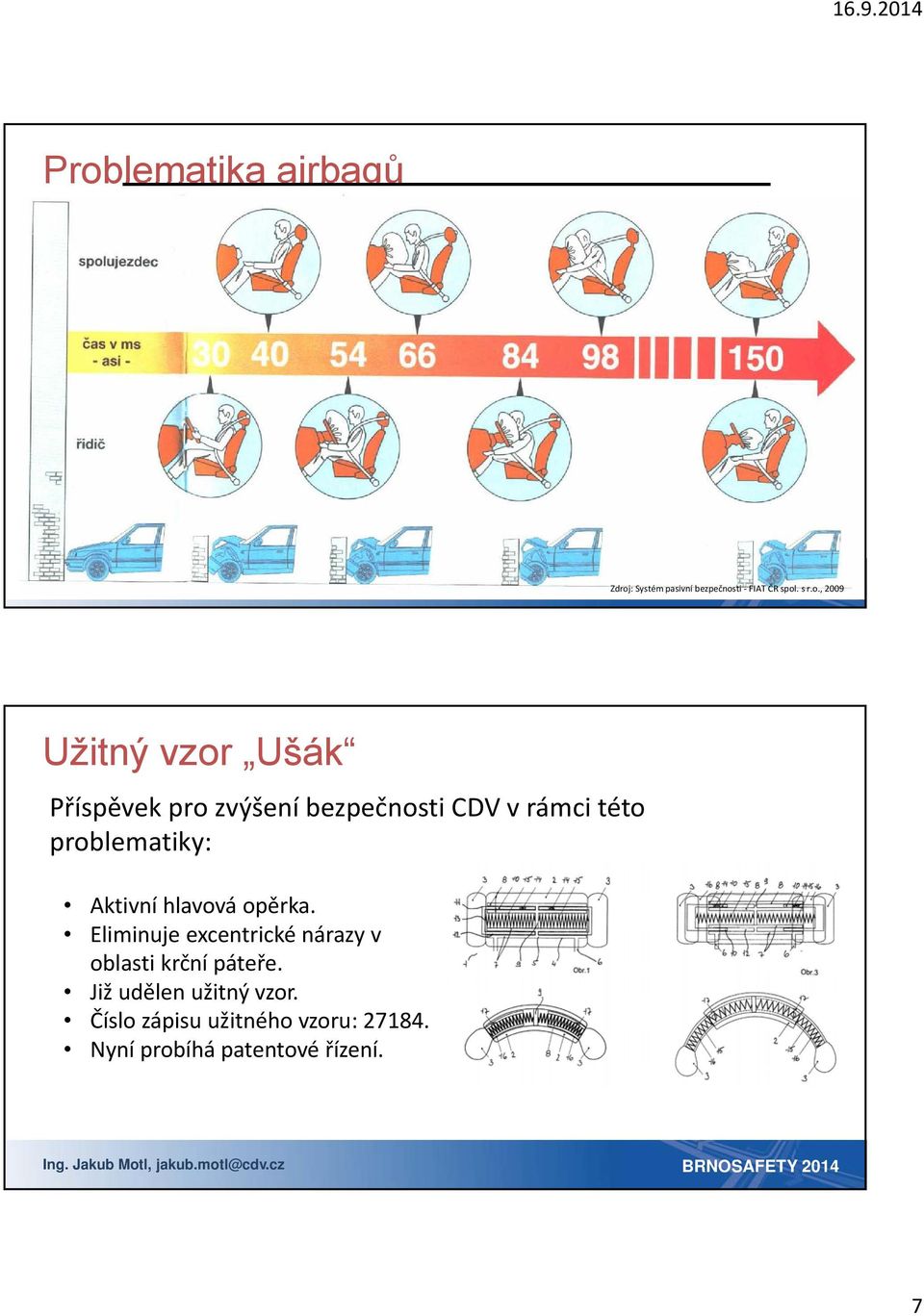 s 2014 r.o., 2009 Užitný vzor Ušák Příspěvek pro zvýšení bezpečnosti CDV v rámci této problematiky: Aktivní hlavová opěrka.