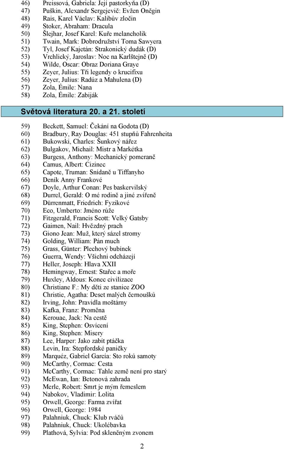 Julius: Tři legendy o krucifixu 56) Zeyer, Julius: Radúz a Mahulena (D) 57) Zola, Émile: Nana 58) Zola, Émile: Zabiják Světová literatura 20. a 21.