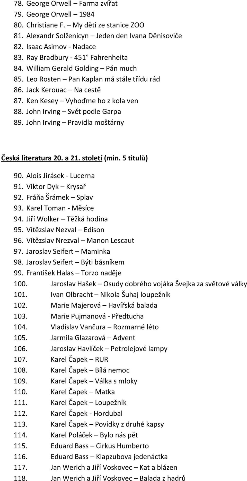 John Irving Svět podle Garpa 89. John Irving Pravidla moštárny Česká literatura 20. a 21. století (min. 5 titulů) 90. Alois Jirásek - Lucerna 91. Viktor Dyk Krysař 92. Fráňa Šrámek Splav 93.