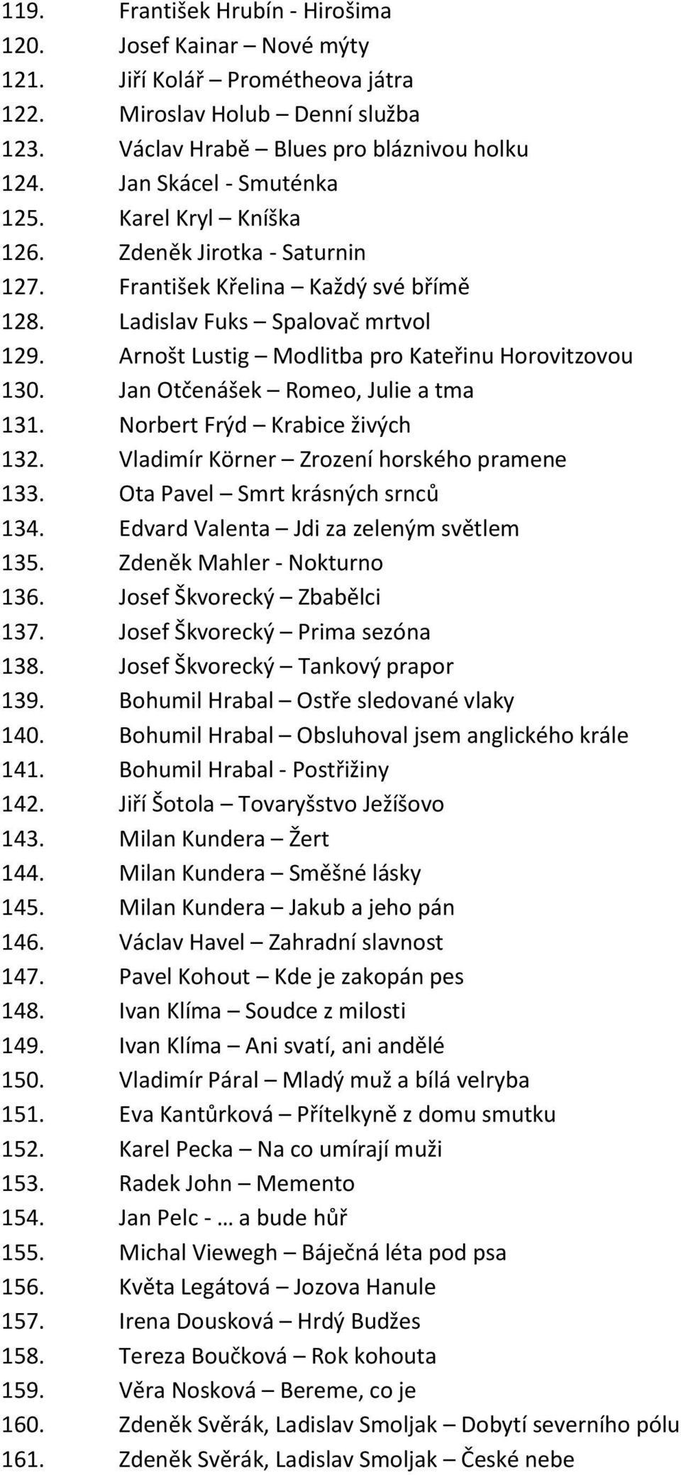 Arnošt Lustig Modlitba pro Kateřinu Horovitzovou 130. Jan Otčenášek Romeo, Julie a tma 131. Norbert Frýd Krabice živých 132. Vladimír Körner Zrození horského pramene 133.