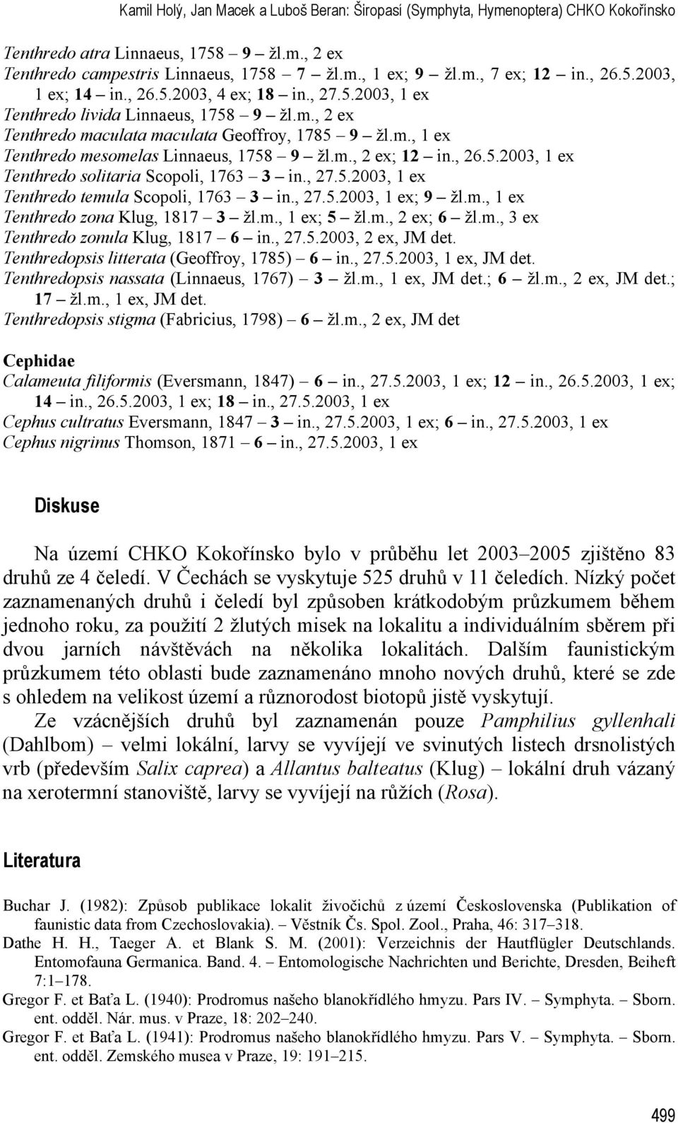 m., 2 ex; 12 in., 26.5.2003, 1 ex Tenthredo solitaria Scopoli, 1763 3 in., 27.5.2003, 1 ex Tenthredo temula Scopoli, 1763 3 in., 27.5.2003, 1 ex; 9 žl.m., 1 ex Tenthredo zona Klug, 1817 3 žl.m., 1 ex; 5 žl.