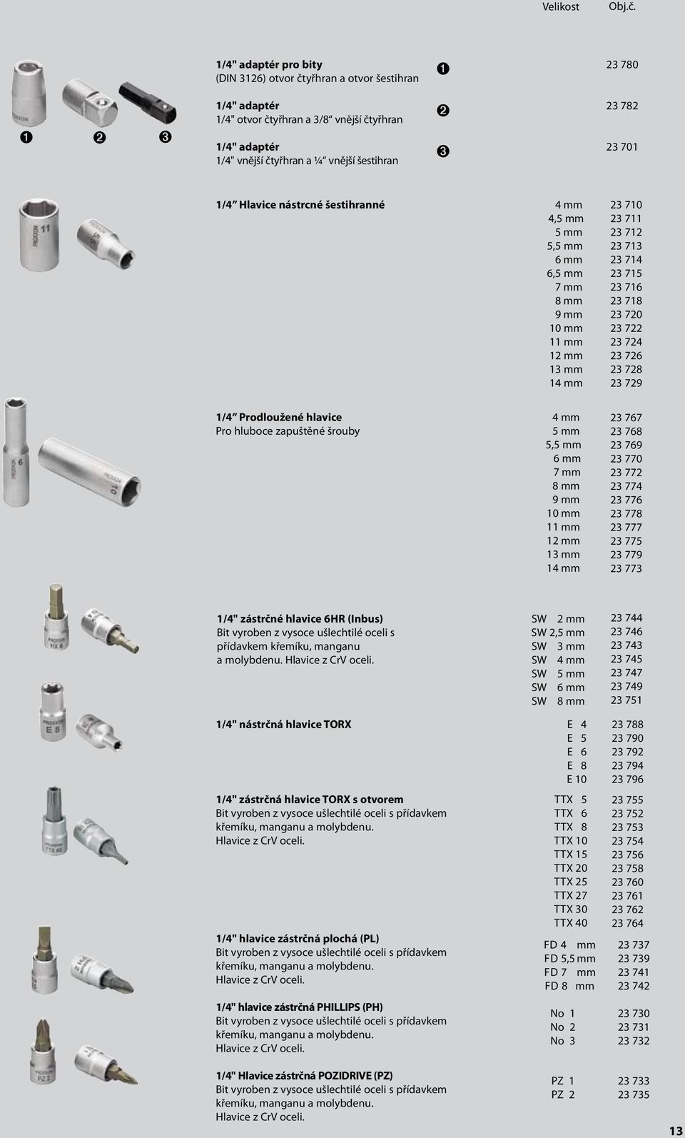 782 23 701 1/4 Hlavice nástrcné šestihranné 4 mm 4,5 mm 5 mm 5,5 mm 6 mm 6,5 mm 7 mm 8 mm 9 mm 10 mm 11 mm 12 mm 13 mm 14 mm 23 710 23 711 23 712 23 713 23 714 23 715 23 716 23 718 23 720 23 722 23