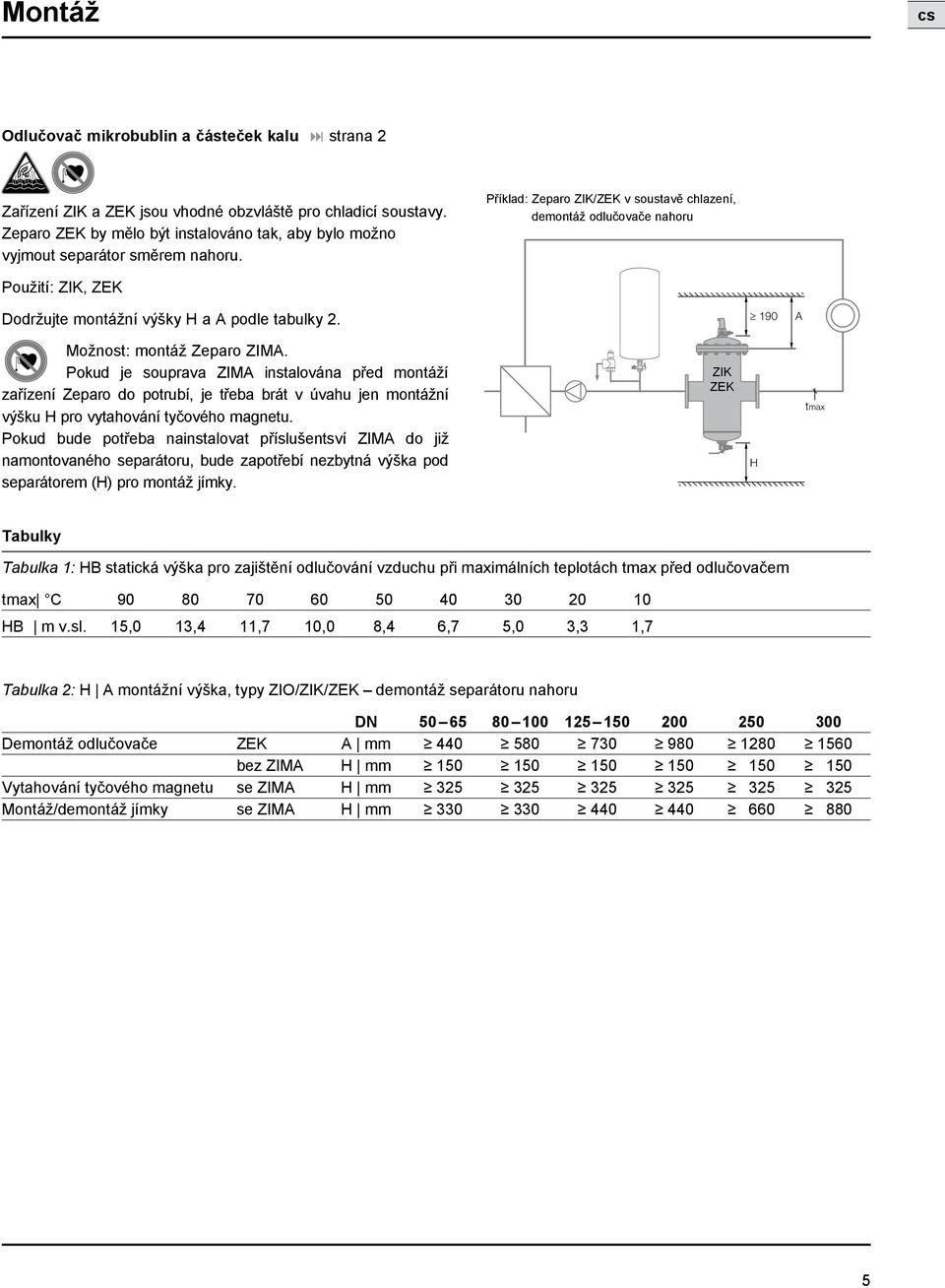 Příklad: Zeparo ZIK/ZEK v soustavě chlazení, demontáž odlučovače nahoru Použití: ZIK, ZEK Dodržujte montážní výšky H a A podle tabulky 2. 190 A Možnost: montáž Zeparo ZIMA.