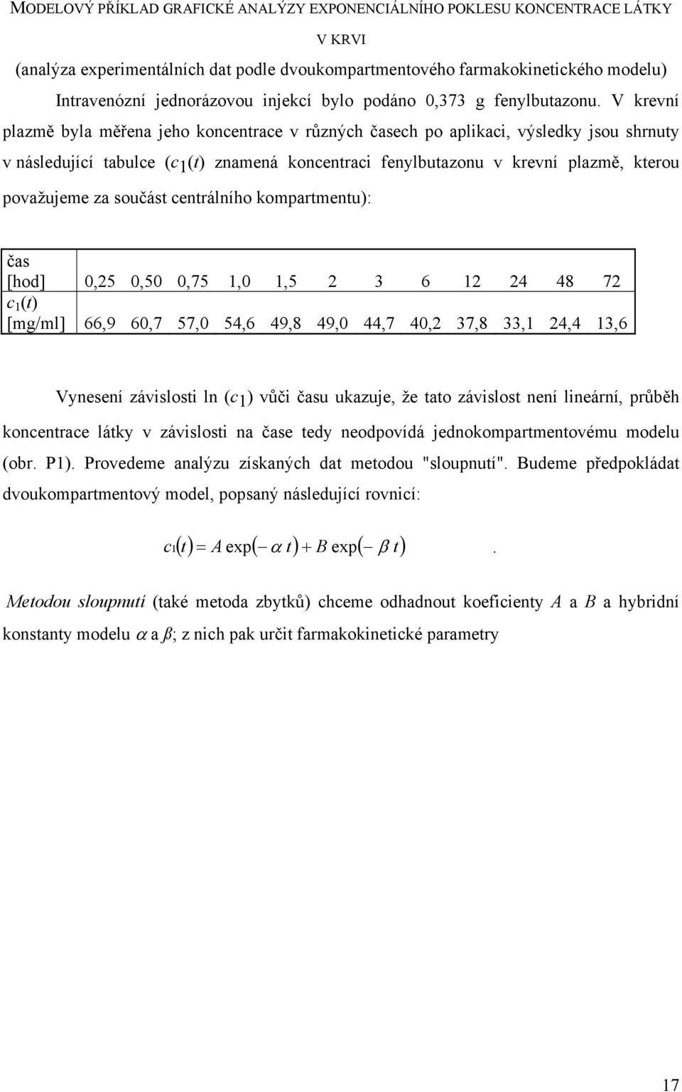 V krevní plazmě byla měřena jeho koncentrace v různých časech po aplikaci, výsledky jsou shrnuty v následující tabulce (c 1 (t) znamená koncentraci fenylbutazonu v krevní plazmě, kterou považujeme za