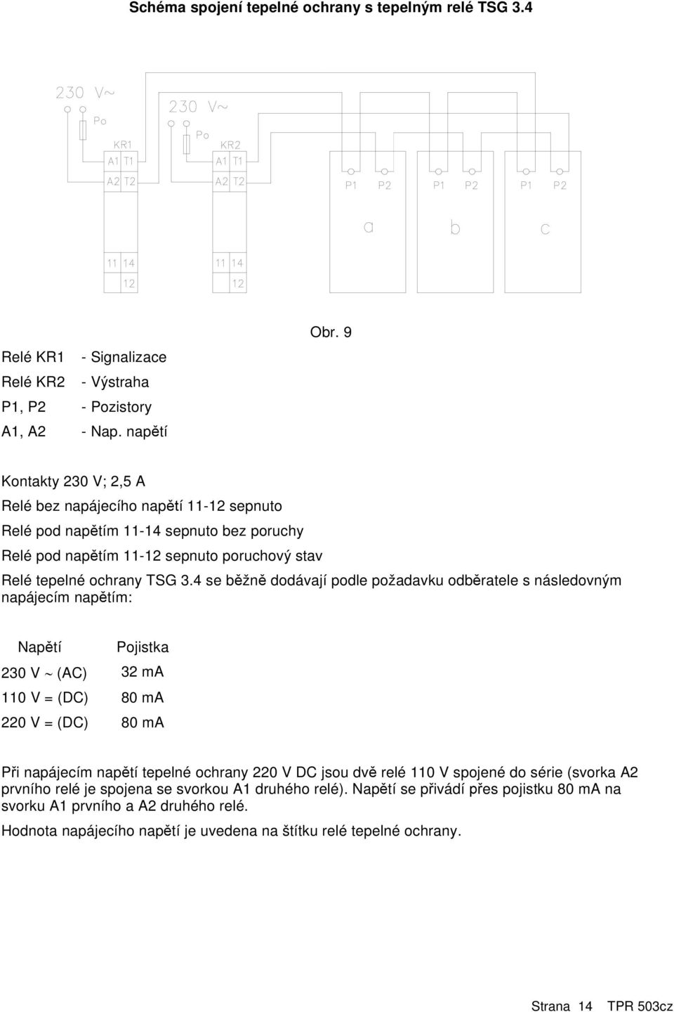 4 se běžně dodávají podle požadavku odběratele s následovným napájecím napětím: Napětí Pojistka 230 V (AC) 32 ma 110 V = (DC) 80 ma 220 V = (DC) 80 ma Při napájecím napětí tepelné ochrany 220 V