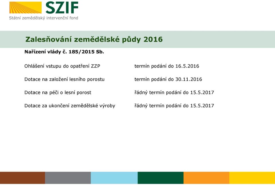 2016 Dotace na založení lesního porostu termín podání do 30.11.