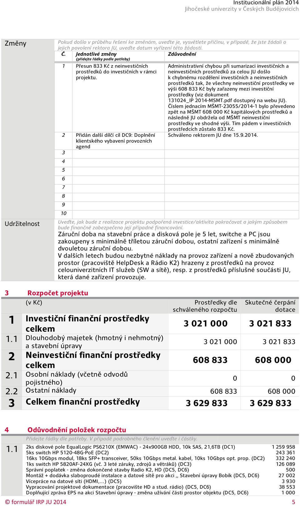 2 Přidán další dílčí cíl DC9: Doplnění klientského vybavení provozních agend 4 6 7 8 9 10 Administrativní chybou při sumarizaci investičních a neinvestičních prostředků za celou JU došlo k chybnému