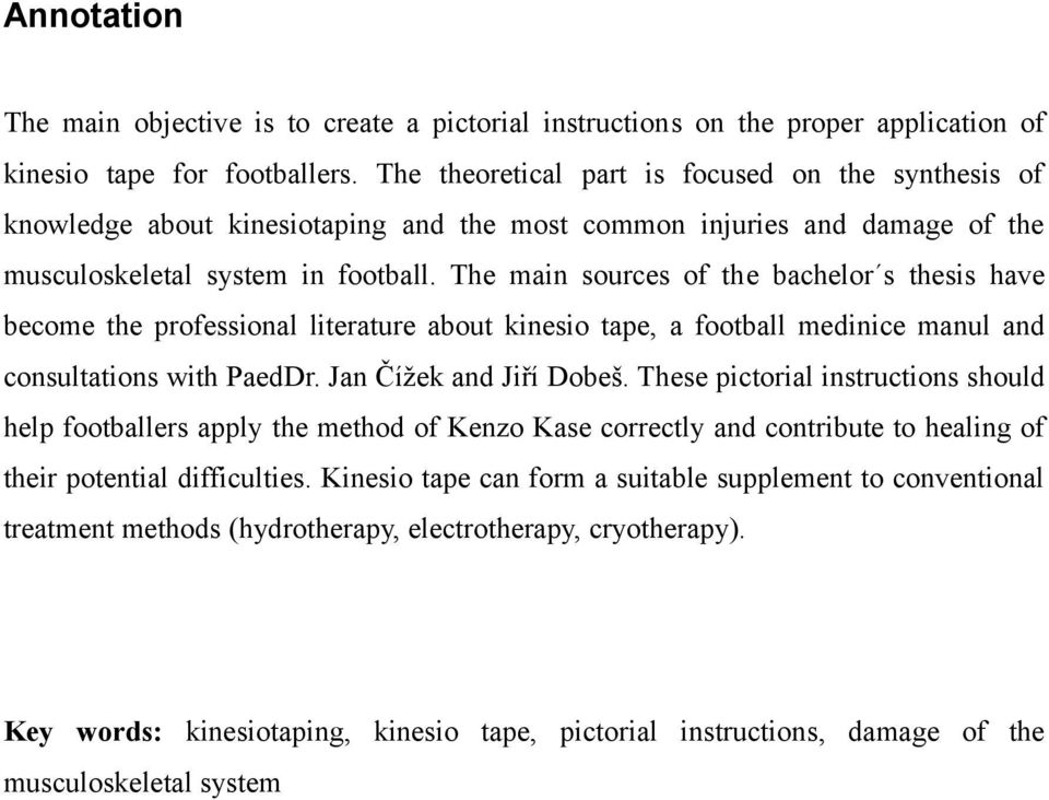 The main sources of the bachelor s thesis have become the professional literature about kinesio tape, a football medinice manul and consultations with PaedDr. Jan Čížek and Jiří Dobeš.