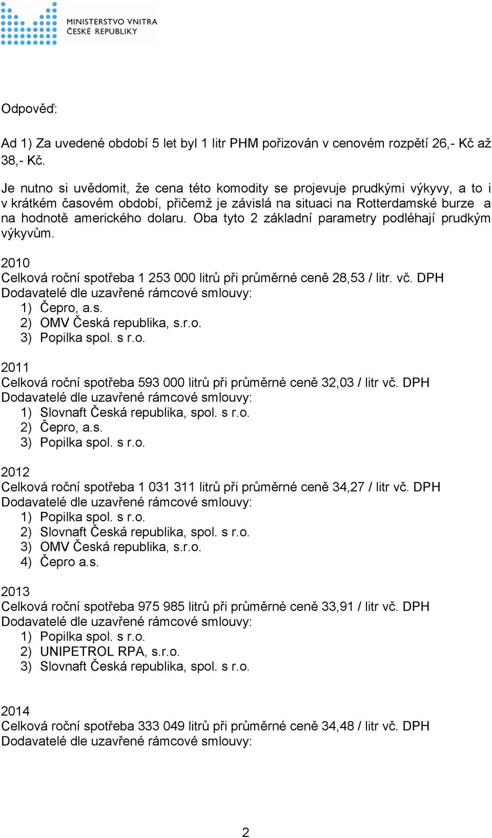 Oba tyto 2 základní parametry podléhají prudkým výkyvům. 2010 Celková roční spotřeba 1 253 000 litrů při průměrné ceně 28,53 / litr. vč. DPH 1) Čepro, 2) OMV Česká republika, s.r.o. 3) Popilka spol.