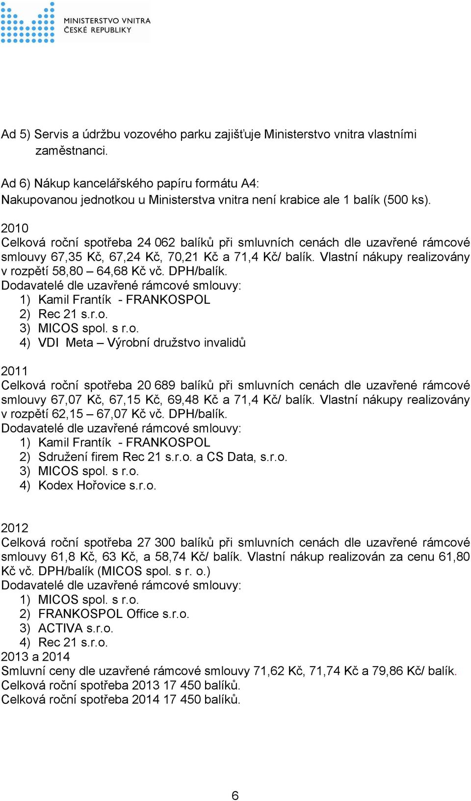 2010 Celková roční spotřeba 24 062 balíků při smluvních cenách dle uzavřené rámcové smlouvy 67,35 Kč, 67,24 Kč, 70,21 Kč a 71,4 Kč/ balík. Vlastní nákupy realizovány v rozpětí 58,80 64,68 Kč vč.