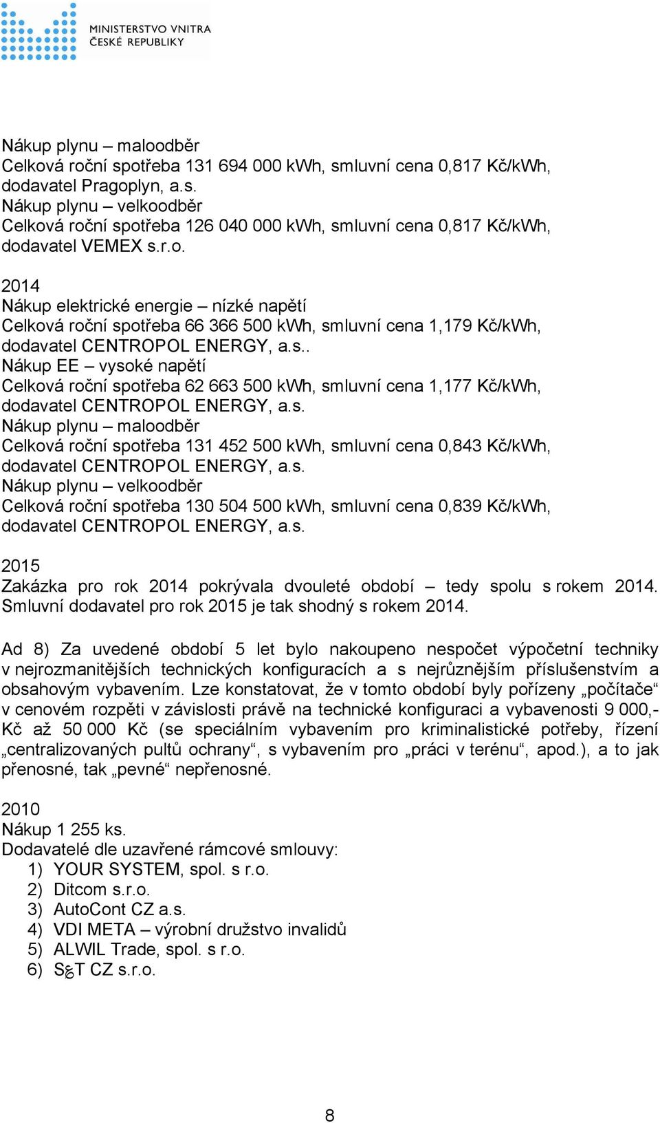 Nákup EE vysoké napětí Celková roční spotřeba 62 663 500 kwh, smluvní cena 1,177 Kč/kWh, dodavatel CENTROPOL ENERGY, Nákup plynu maloodběr Celková roční spotřeba 131 452 500 kwh, smluvní cena 0,843