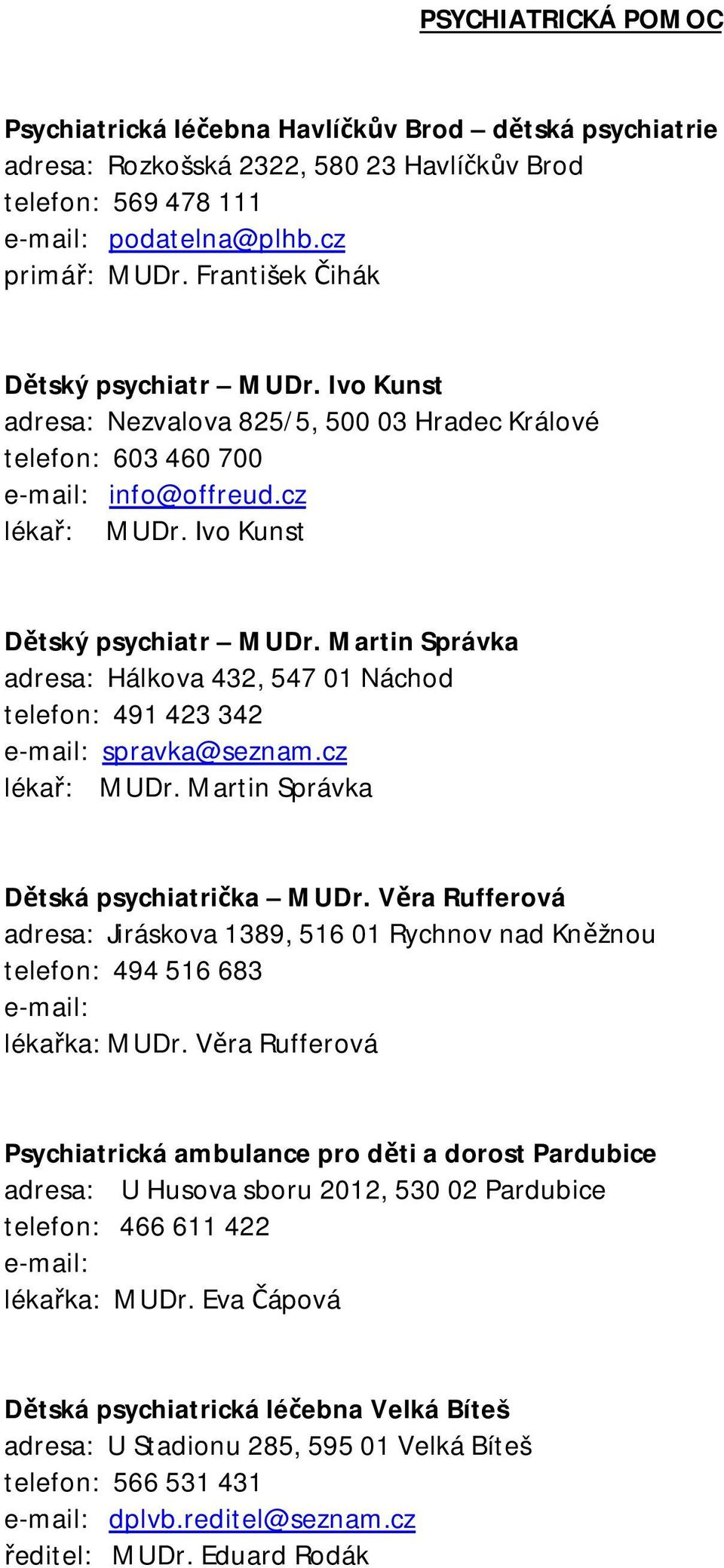 Martin Správka adresa: Hálkova 432, 547 01 Náchod telefon: 491 423 342 e-mail: spravka@seznam.cz lékař: MUDr. Martin Správka Dětská psychiatrička MUDr.