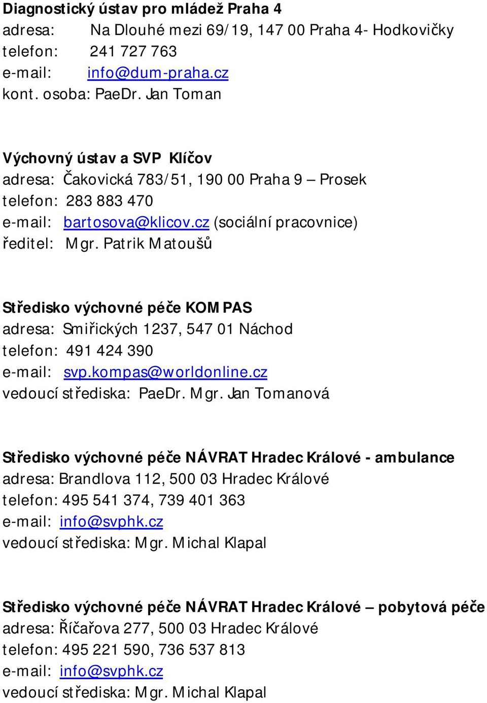 Patrik Matoušů Středisko výchovné péče KOMPAS adresa: Smiřických 1237, 547 01 Náchod telefon: 491 424 390 e-mail: svp.kompas@worldonline.cz vedoucí střediska: PaeDr. Mgr.