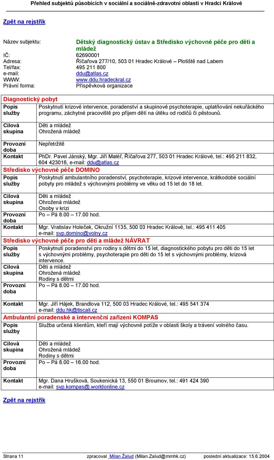 rodičů či pěstounů. Děti a mládež Ohrožená mládež Nepřetržitě PhDr. Pavel Jánský, Mgr. Jiří Maléř, Říčařova 277, 503 01 Hradec Králové, tel.: 495 211 832, 604 423016, ddu@atlas.