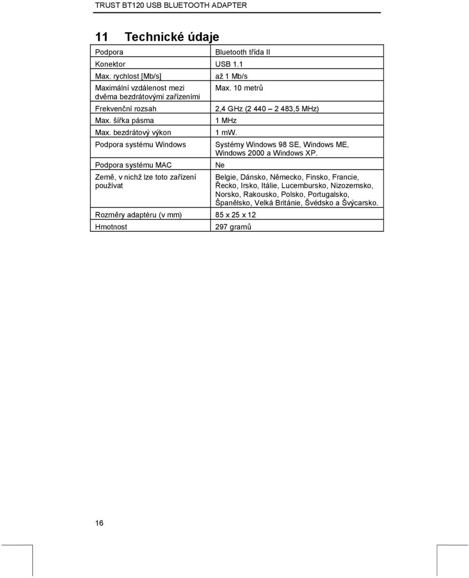 10 metrů 2,4 GHz (2 440 2 483,5 MHz) 1 MHz 1 mw. Rozměry adaptéru (v mm) 85 x 25 x 12 Hmotnost Systémy Windows 98 SE, Windows ME, Windows 2000 a Windows XP.