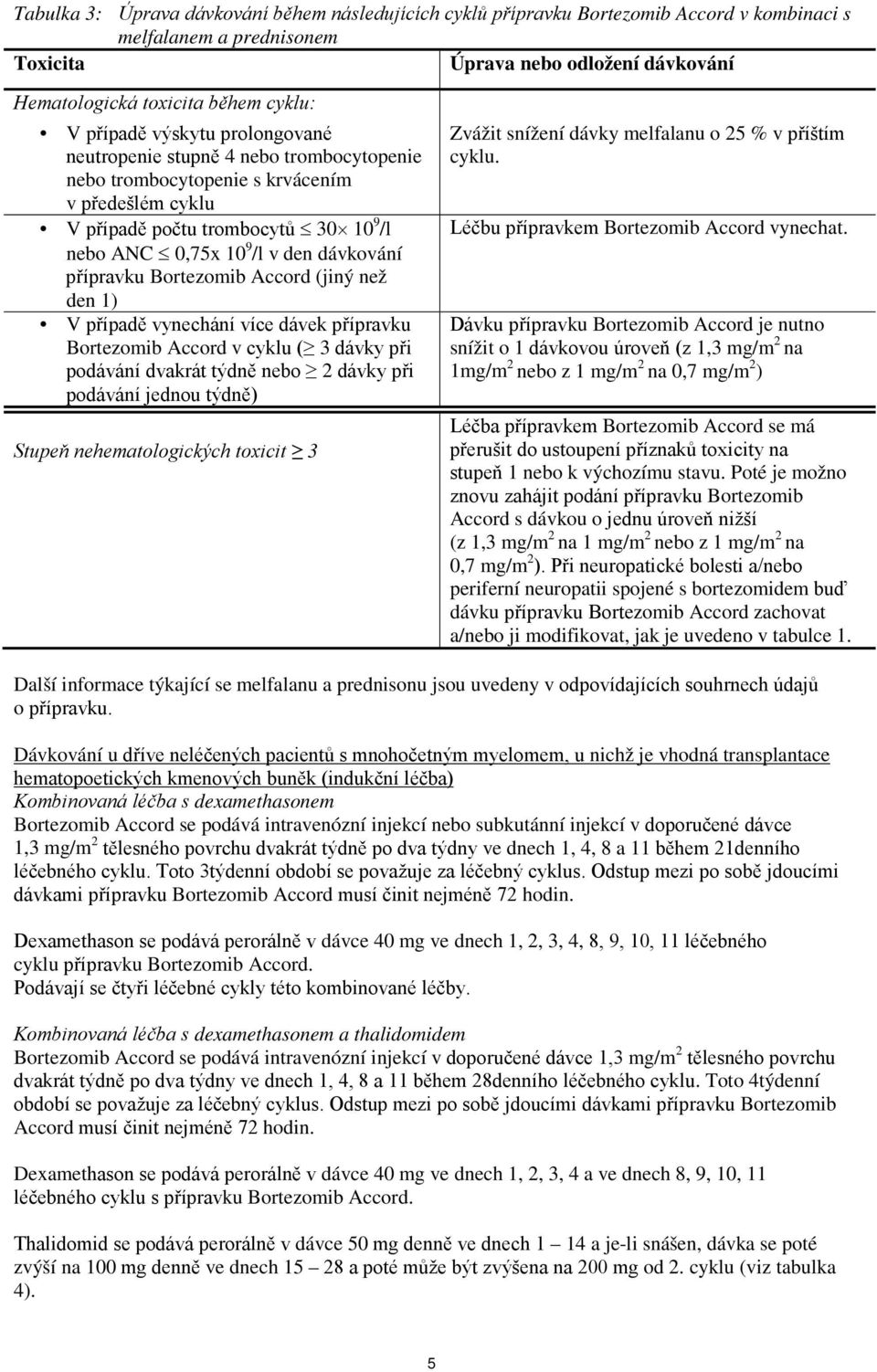 přípravku Bortezomib Accord (jiný než den 1) V případě vynechání více dávek přípravku Bortezomib Accord v cyklu ( 3 dávky při podávání dvakrát týdně nebo 2 dávky při podávání jednou týdně) Stupeň
