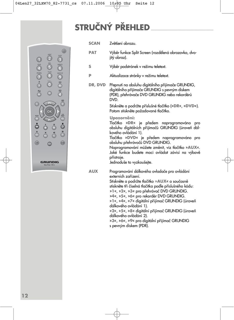 PIP MENU SCAN DR AV PAT S AUX Tele Pilot 170 C z TOP MENU TV-G d P DVD DR, DVD Přepnutí na obsluhu digitálního přijímače GRUNDIG, digitálního přijímače GRUNDIG s pevným diskem (PDR), přehrávače DVD