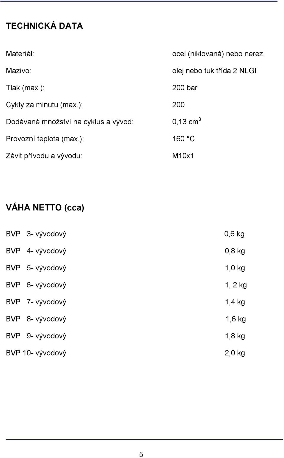 ): 200 Dodávané množství na cyklus a vývod: 0,13 cm 3 Provozní teplota (max.