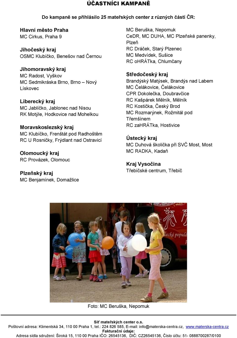 Frýdlant nad Ostravicí Olomoucký kraj RC Provázek, Olomouc Plzeňský kraj MC Benjamínek, Domažlice MC Beruška, Nepomuk CeDR, MC DUHA, MC Plzeňské panenky, Plzeň RC Dráček, Starý Plzenec MC Medvídek,