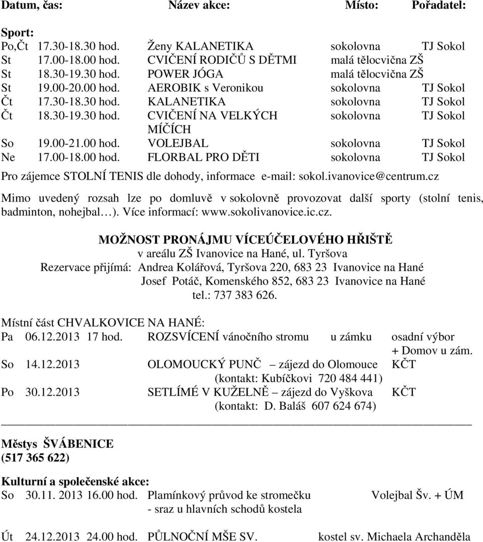 VOLEJBAL sokolovna TJ Sokol Ne 17.00-18.00 hod. FLORBAL PRO DĚTI sokolovna TJ Sokol Pro zájemce STOLNÍ TENIS dle dohody, informace e-mail: sokol.ivanovice@centrum.