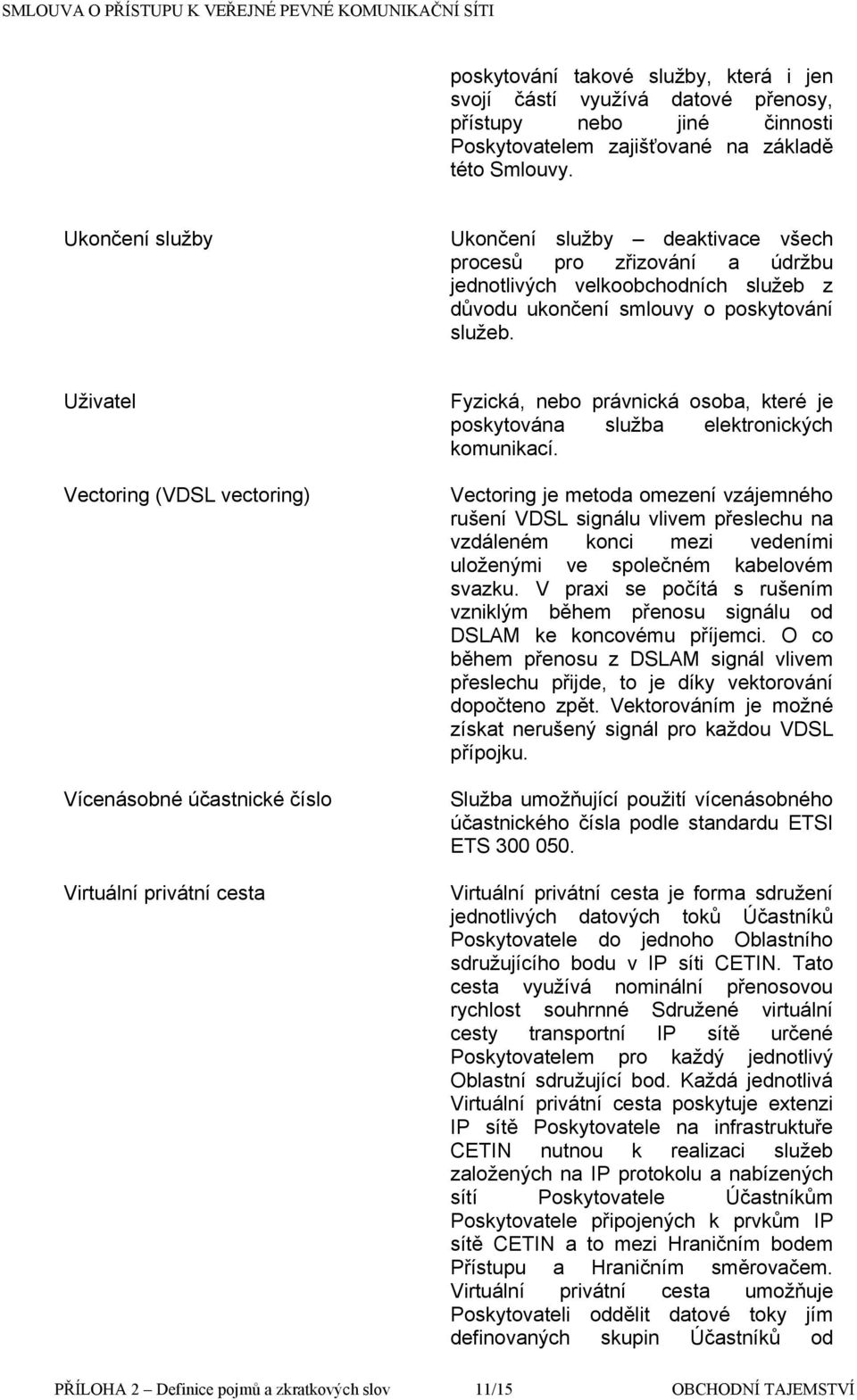 Uživatel Vectoring (VDSL vectoring) Vícenásobné účastnické číslo Virtuální privátní cesta Fyzická, nebo právnická osoba, které je poskytována služba elektronických komunikací.