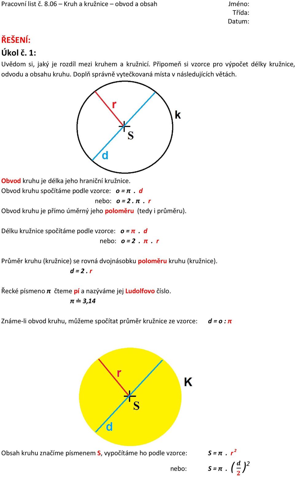 d nebo: o = 2. π. r Obvod kruhu je přímo úměrný jeho poloměru (tedy i průměru). Délku kružnice spočítáme podle vzorce: o = π. d nebo: o = 2. π. r Průměr kruhu (kružnice) se rovná dvojnásobku poloměru kruhu (kružnice).