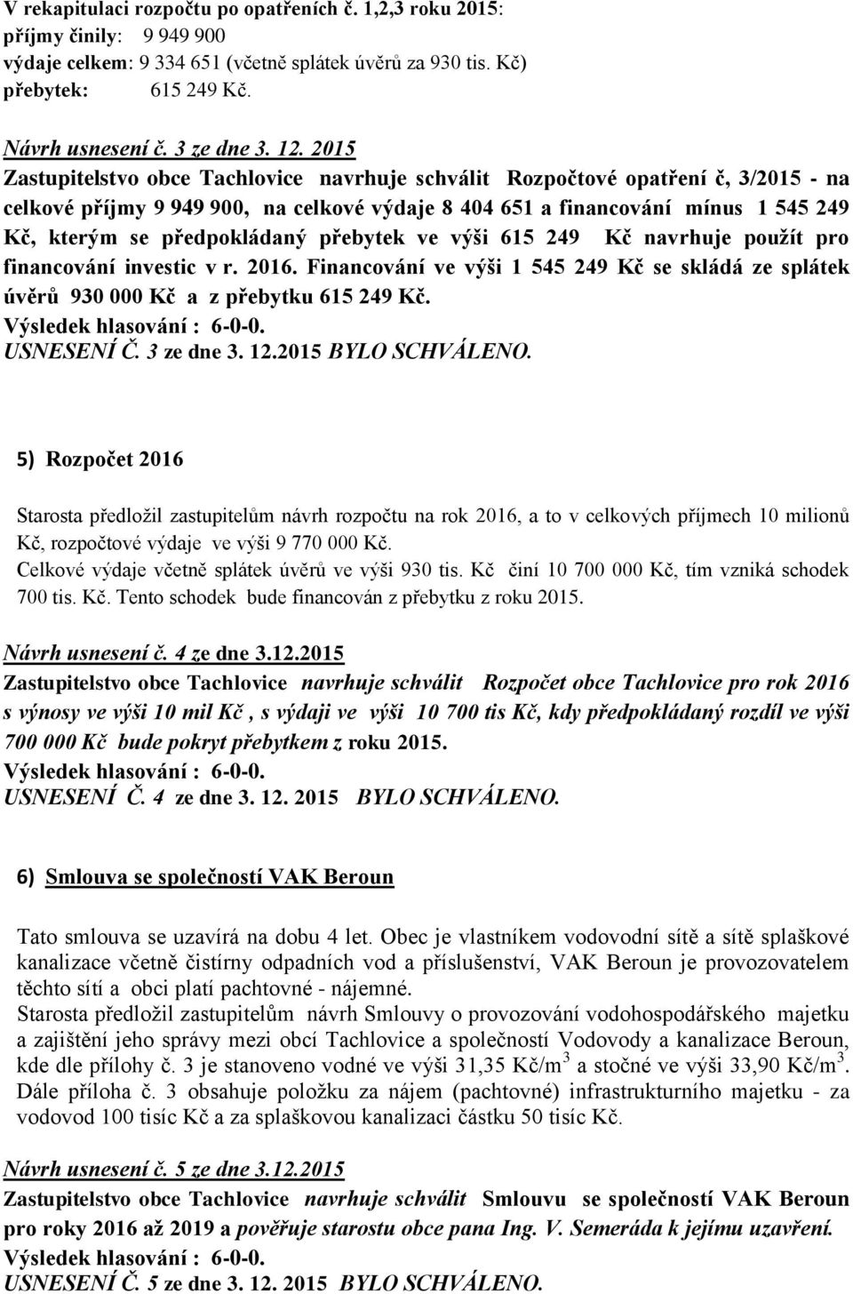 předpokládaný přebytek ve výši 615 249 Kč navrhuje použít pro financování investic v r. 2016. Financování ve výši 1 545 249 Kč se skládá ze splátek úvěrů 930 000 Kč a z přebytku 615 249 Kč.