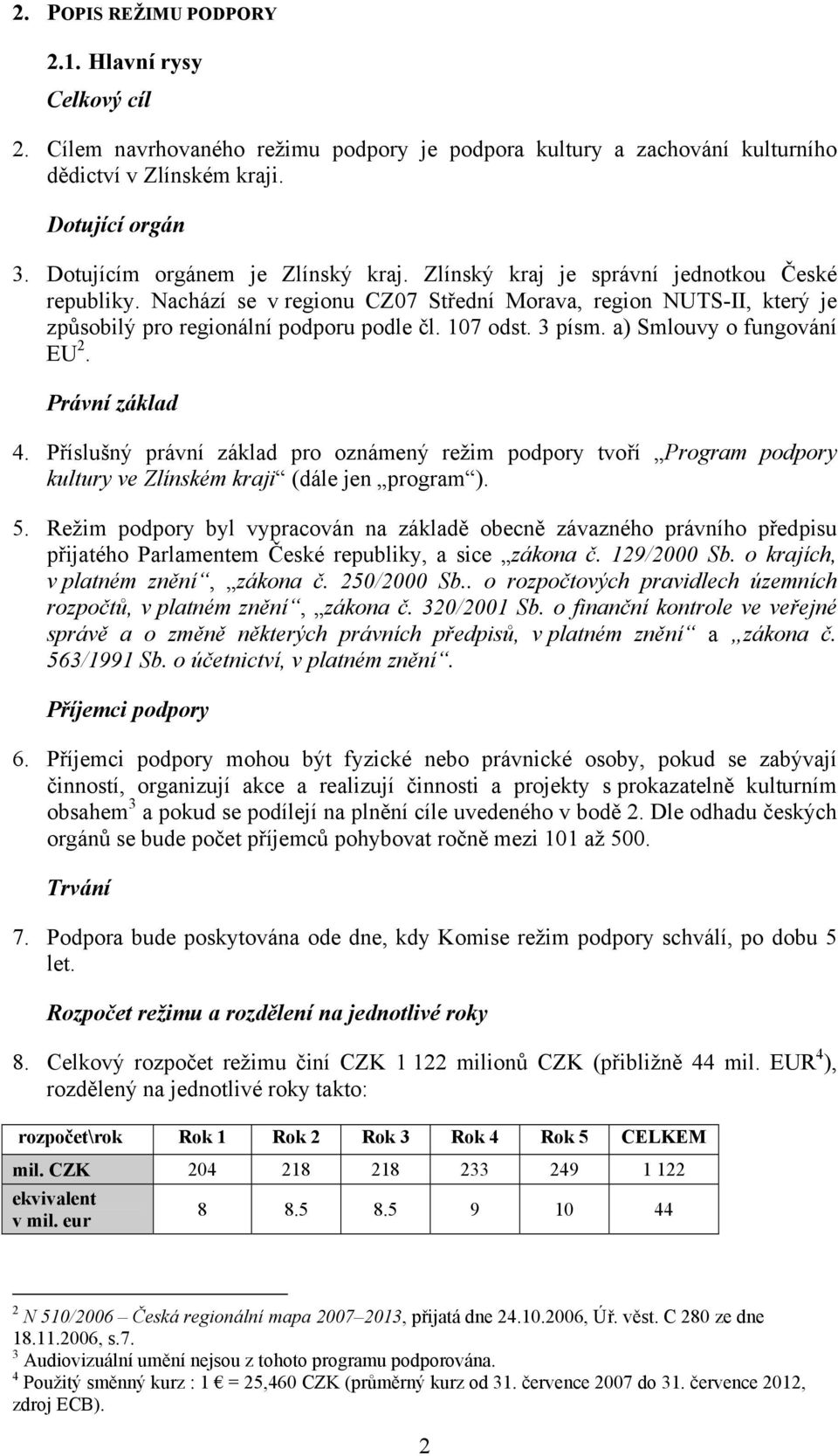 107 odst. 3 písm. a) Smlouvy o fungování EU 2. Právní základ 4. Příslušný právní základ pro oznámený režim podpory tvoří Program podpory kultury ve Zlínském kraji (dále jen program ). 5.