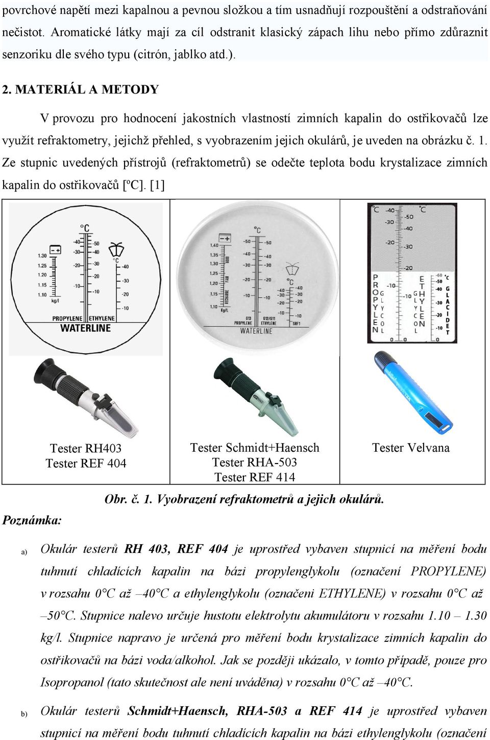 MATERIÁL A METODY V provozu pro hodoceí jakostích vlastostí zimích kapali do ostřikovačů lze využít refraktometry, jejichž přehled, s vyobrazeím jejich okulárů, je uvede a obrázku č. 1.