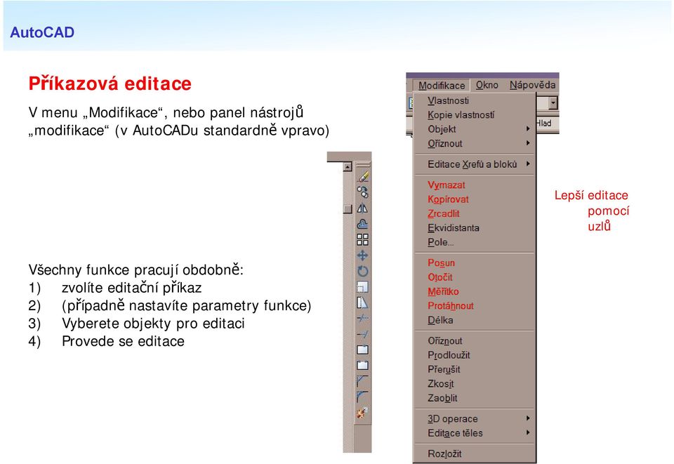 Všechny funkce pracují obdobně: 1) zvolíte editační příkaz 2) (případně