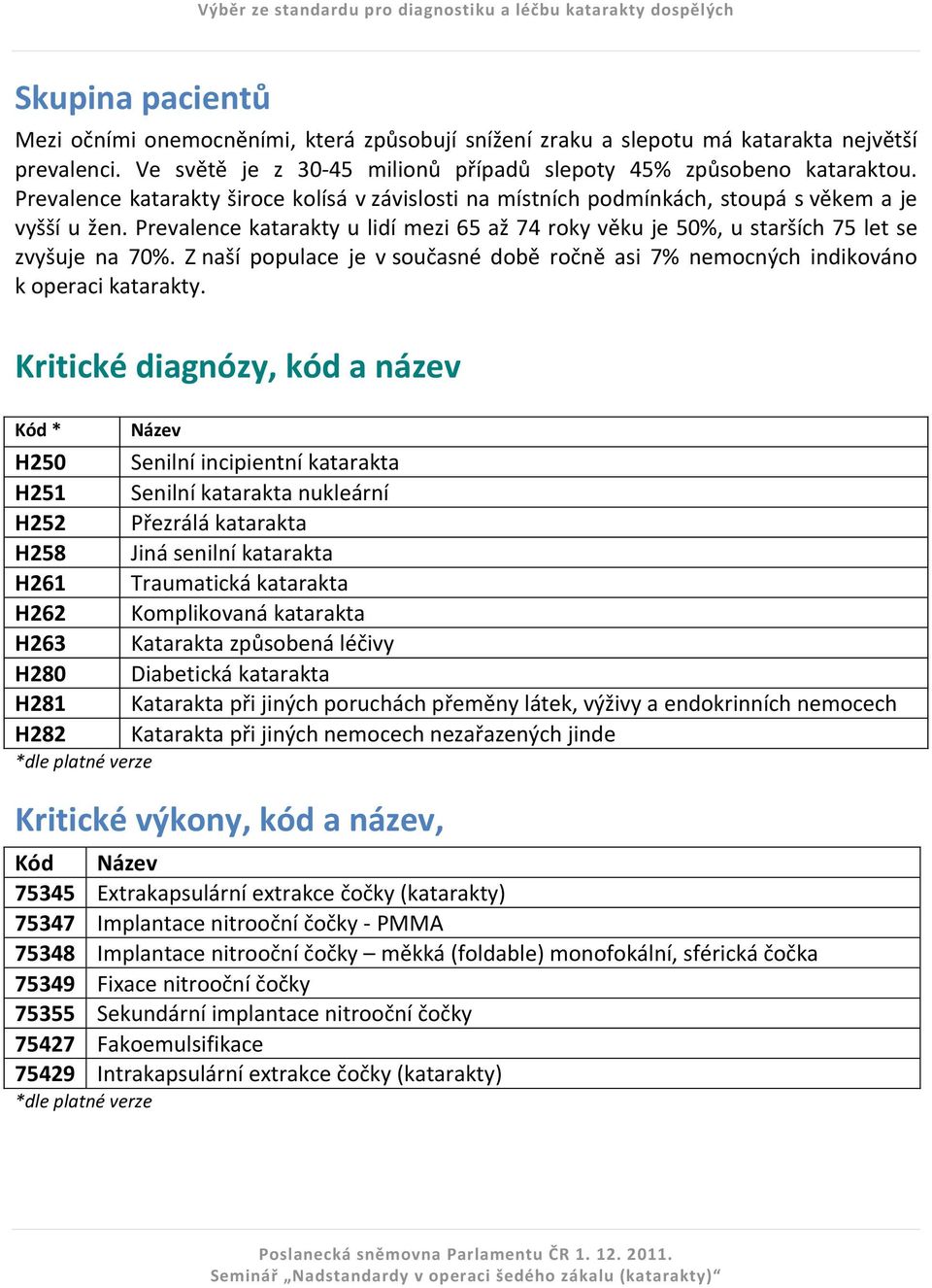 Prevalence katarakty u lidí mezi 65 až 74 roky věku je 50%, u starších 75 let se zvyšuje na 70%. Z naší populace je v současné době ročně asi 7% nemocných indikováno k operaci katarakty.