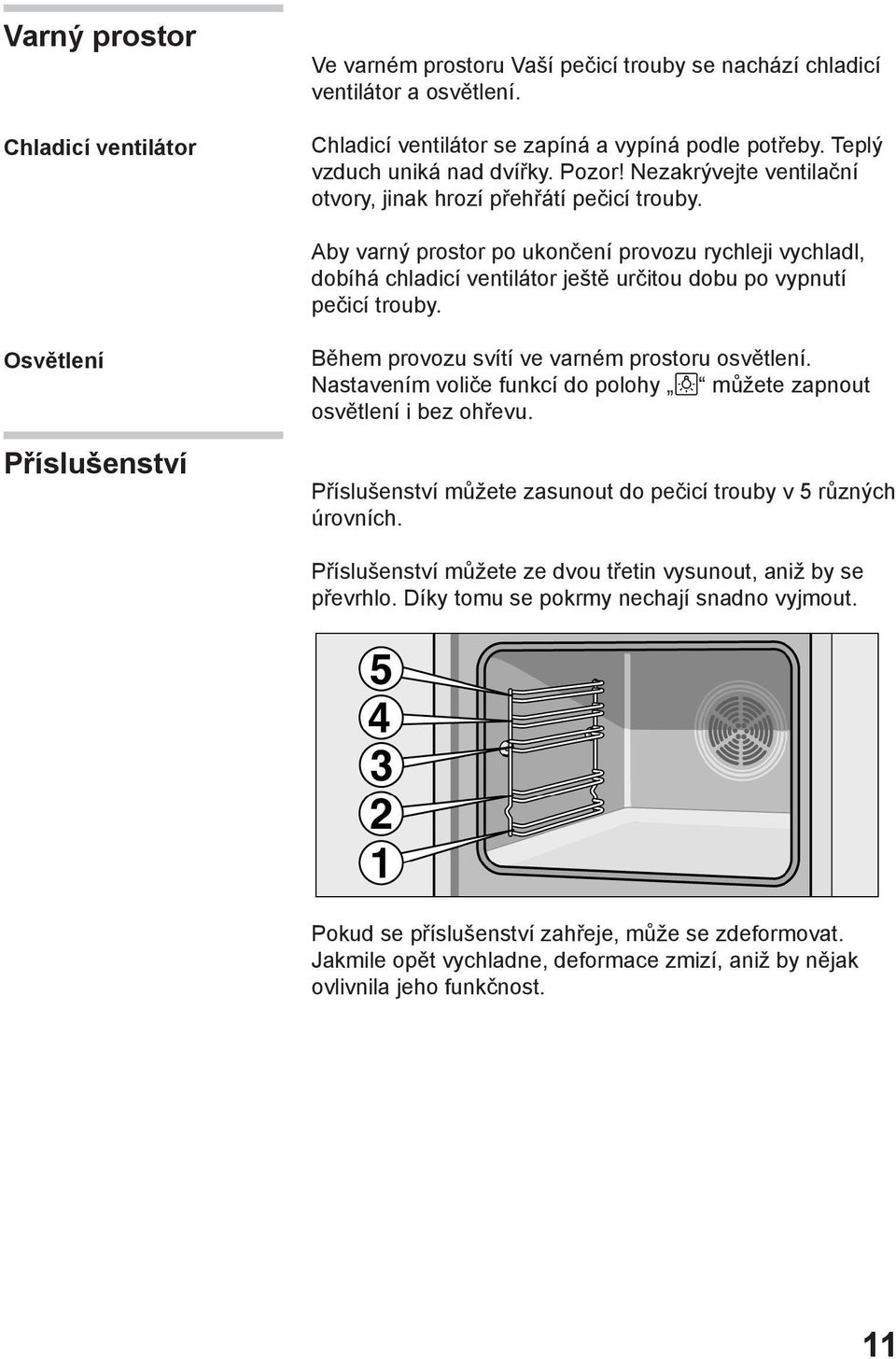 Aby varný prostor po ukončení provozu rychleji vychladl, dobíhá chladicí ventilátor ještě určitou dobu po vypnutí pečicí trouby.