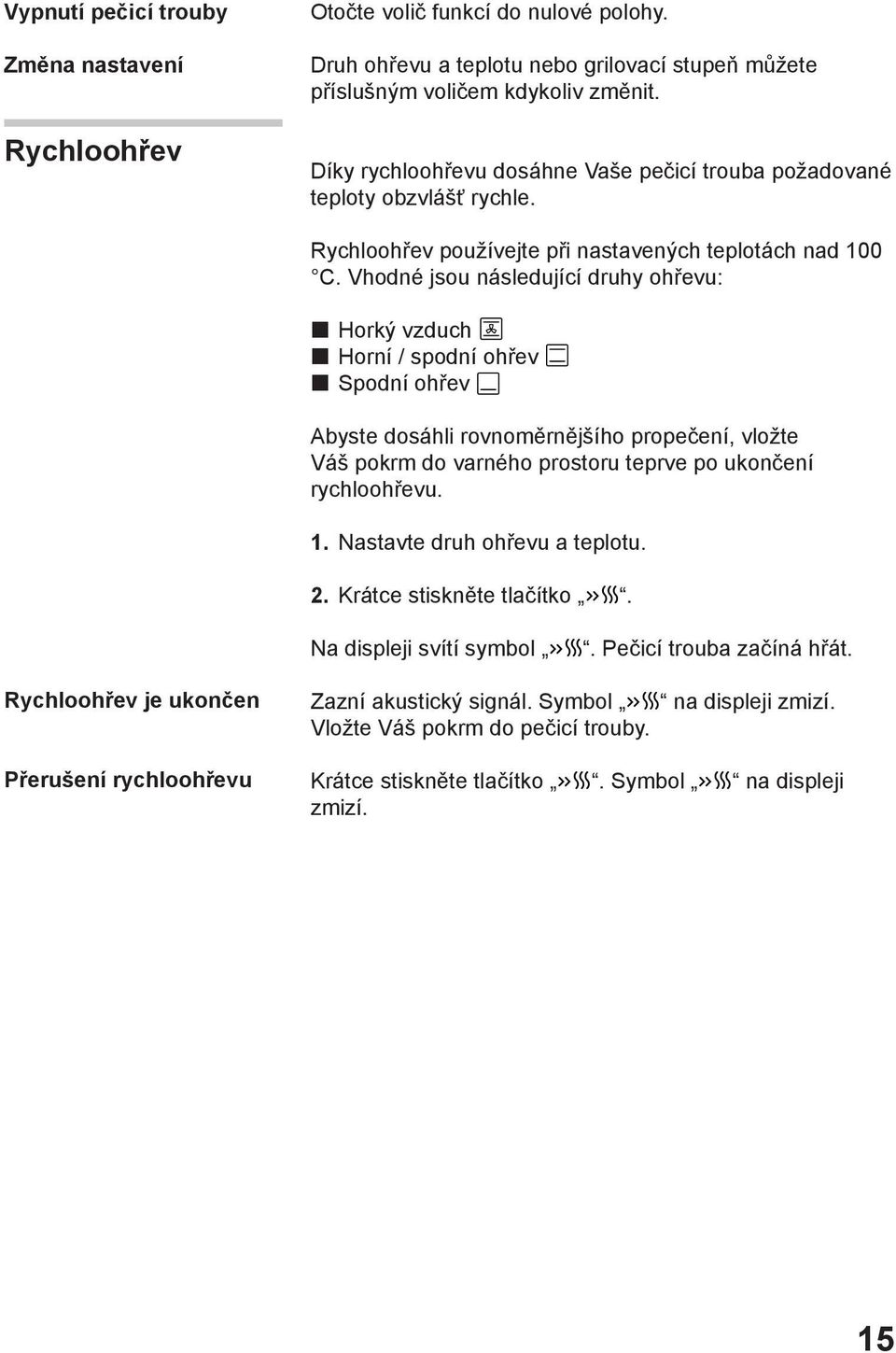 Vhodné jsou následující druhy ohřevu: Horký vzduch Horní / spodní ohřev Spodní ohřev Abyste dosáhli rovnoměrnějšího propečení, vložte Váš pokrm do varného prostoru teprve po ukončení rychloohřevu. 1.