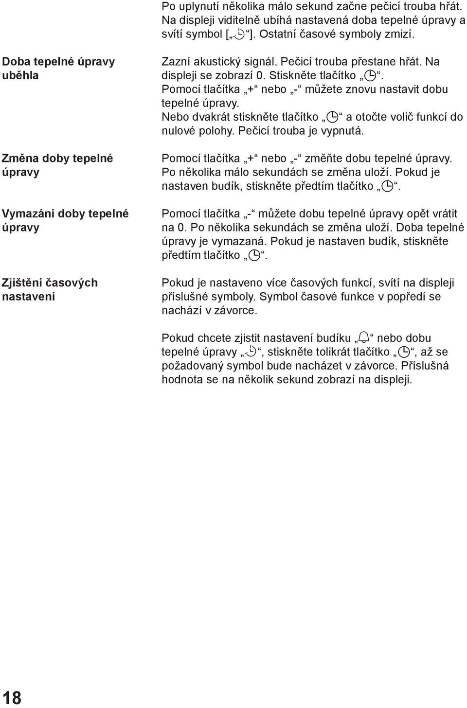 Stiskněte tlačítko. Pomocí tlačítka + nebo - můžete znovu nastavit dobu tepelné úpravy. Nebo dvakrát stiskněte tlačítko a otočte volič funkcí do nulové polohy. Pečicí trouba je vypnutá.