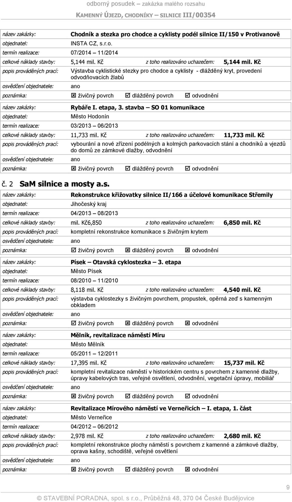 stavba SO 01 komunikace Město Hodonín termín realizace: 03/2013 06/2013 celkové náklady stavby: 11,733 mil. Kč z toho realizováno uchazečem: 11,733 mil.