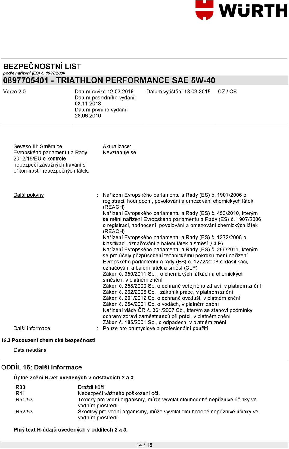 1907/2006 o registraci, hodnocení, povolování a omezování chemických látek (REACH) Nařízení Evropského parlamentu a Rady (ES) č. 453/2010, kterým se mění nařízení Evropského parlamentu a Rady (ES) č.