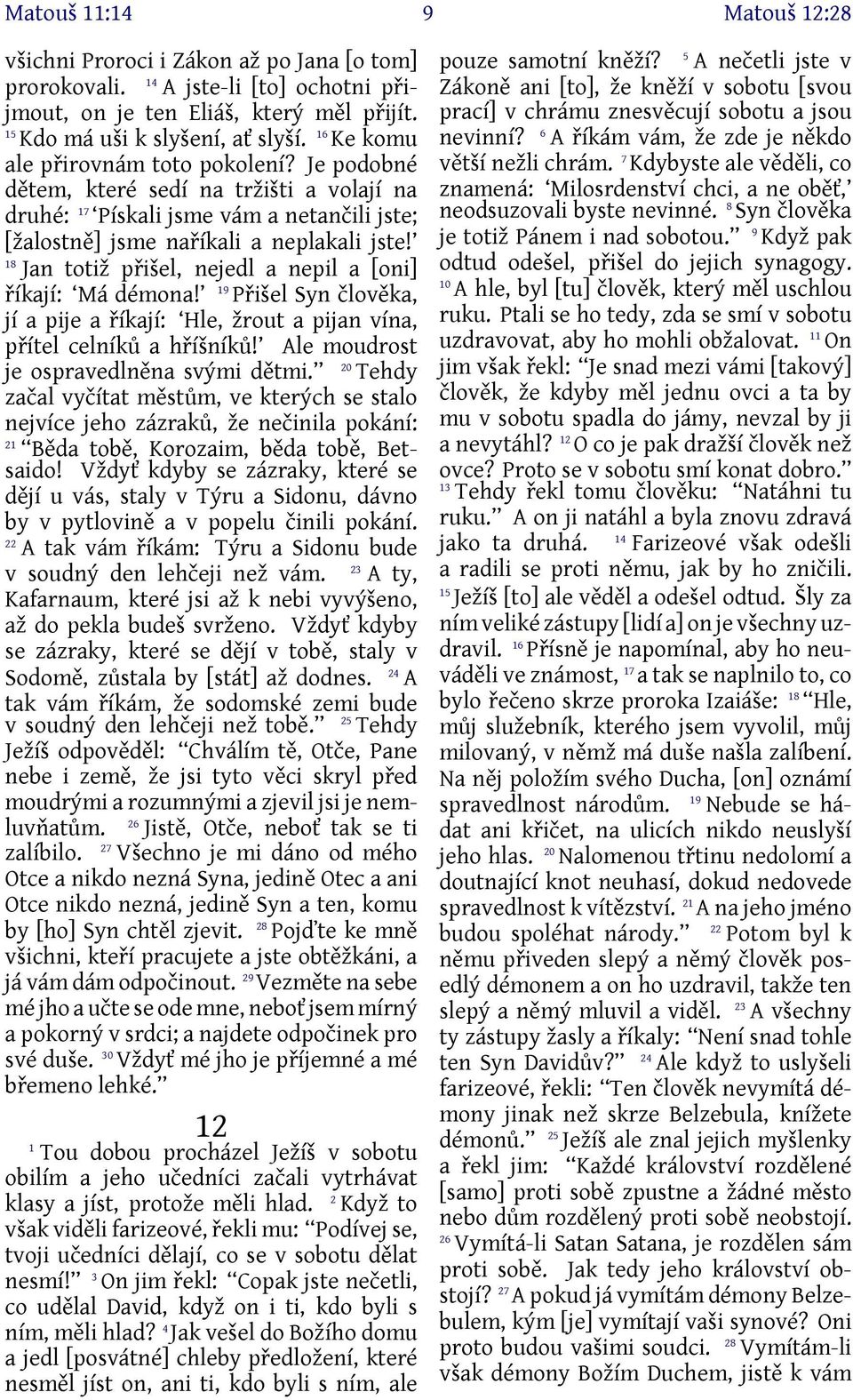 8 Jan totiž přišel, nejedl a nepil a [oni] 9 říkají: Má démona! Přišel Syn člověka, jí a pije a říkají: Hle, žrout a pijan vína, přítel celníků a hříšníků! Ale moudrost je ospravedlněna svými dětmi.