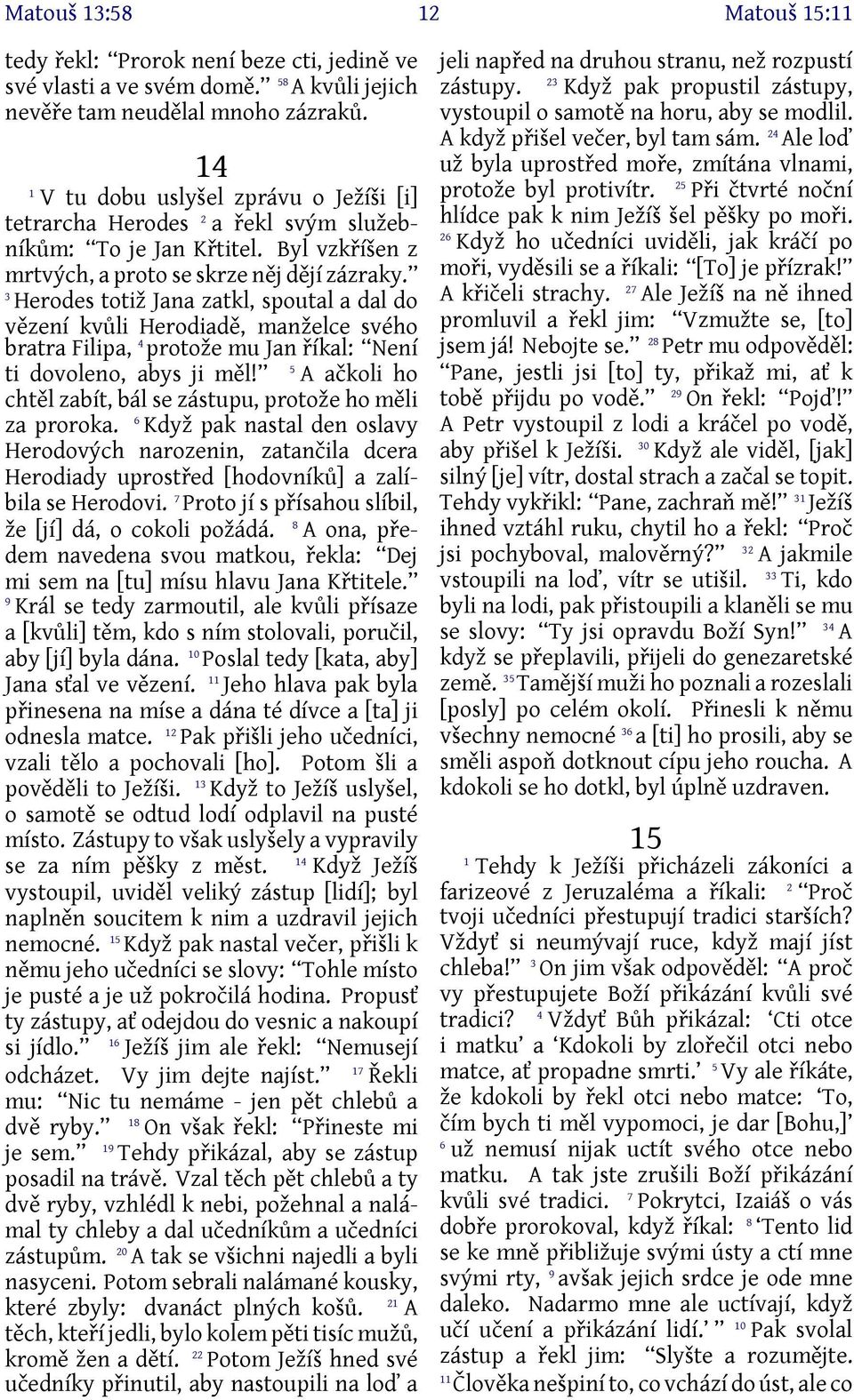 3 Herodes totiž Jana zatkl, spoutal a dal do vězení kvůli Herodiadě, manželce svého bratra Filipa, 4 protože mu Jan říkal: Není ti dovoleno, abys ji měl!