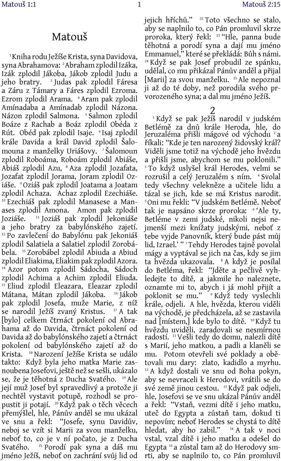 5 Salmon zplodil Boáze z Rachab a Boáz zplodil Obéda z Rút. Obéd pak zplodil Isaje. 6 Isaj zplodil krále Davida a král David zplodil Šalomouna z manželky Uriášovy.