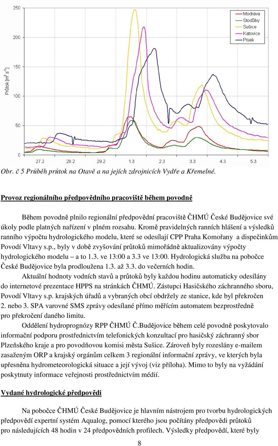 Kromě pravidelných ranních hlášení a výsledků ranního výpočtu hydrologického modelu, které se odesílají CPP Praha Komořany a dispečinkům Povodí Vltavy s.p., byly v době zvyšování průtoků mimořádně aktualizovány výpočty hydrologického modelu a to 1.