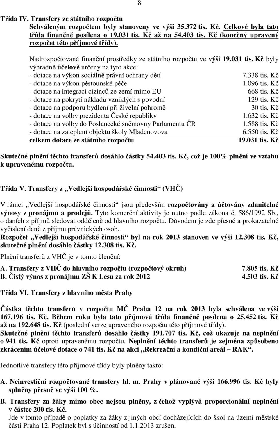 Kč byly výhradně účelově určeny na tyto akce: - dotace na výkon sociálně právní ochrany dětí 7.338 tis. Kč - dotace na výkon pěstounské péče 1.096 tis.