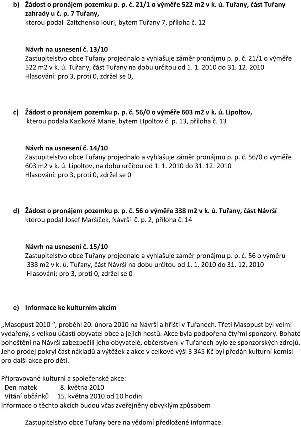 2010, c) Žádost o pronájem pozemku p. p. č. 56/0 o výměře 603 m2 v k. ú. Lipoltov, kterou podala Kazíková Marie, bytem LIpoltov č. p. 13, příloha č. 13 Návrh na usnesení č.