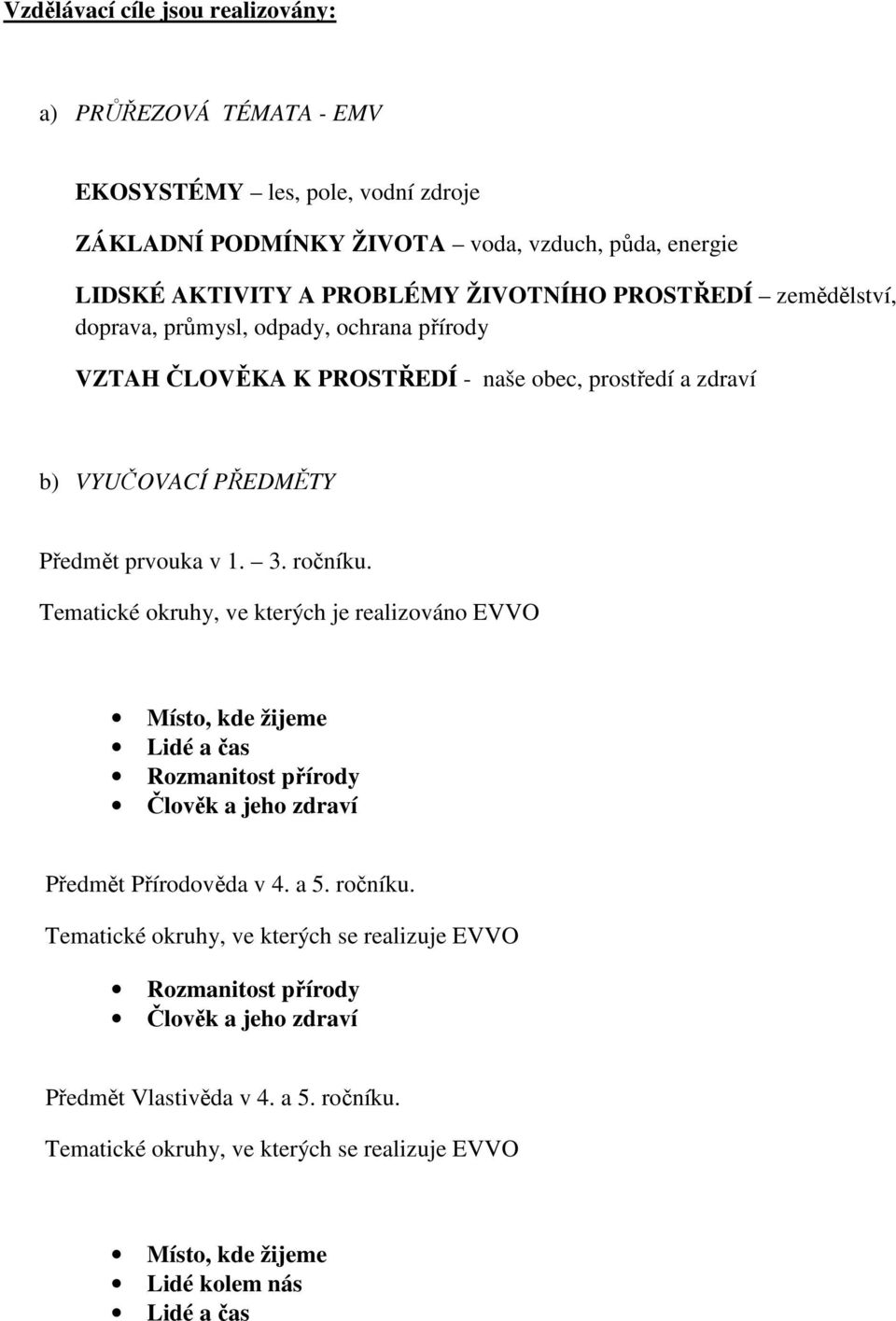 Tematické okruhy, ve kterých je realizováno EVVO Místo, kde žijeme Lidé a čas Rozmanitost přírody Člověk a jeho zdraví Předmět Přírodověda v 4. a 5. ročníku.