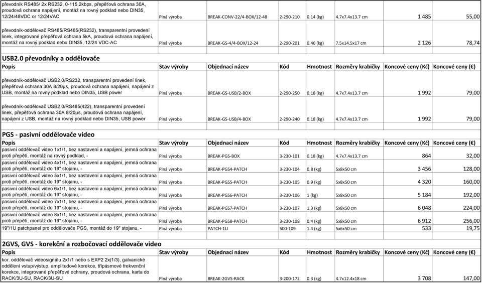 7 cm 1 485 55,00 převodník-oddělovač RS485/RS485(RS232), transparentní provedení linek, integrované přepěťová ochrana 5kA, proudová ochrana napájení, montáž na rovný podklad nebo DIN35, 12/24 VDC-AC